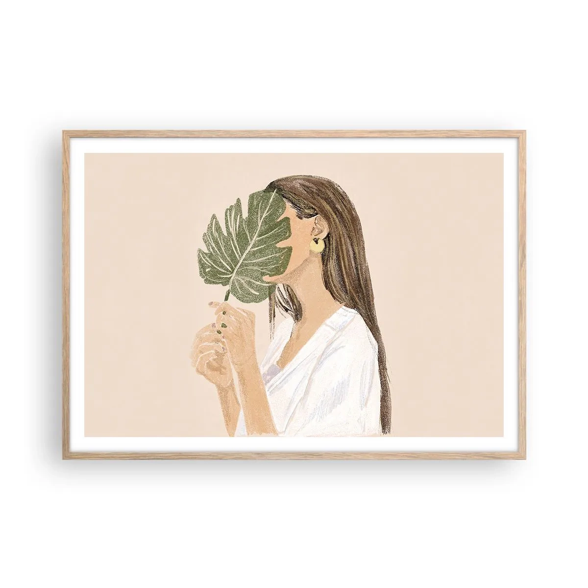 Plakat i ramme af lyst egetræ - Mystisk portræt med en vifte - 100x70 cm