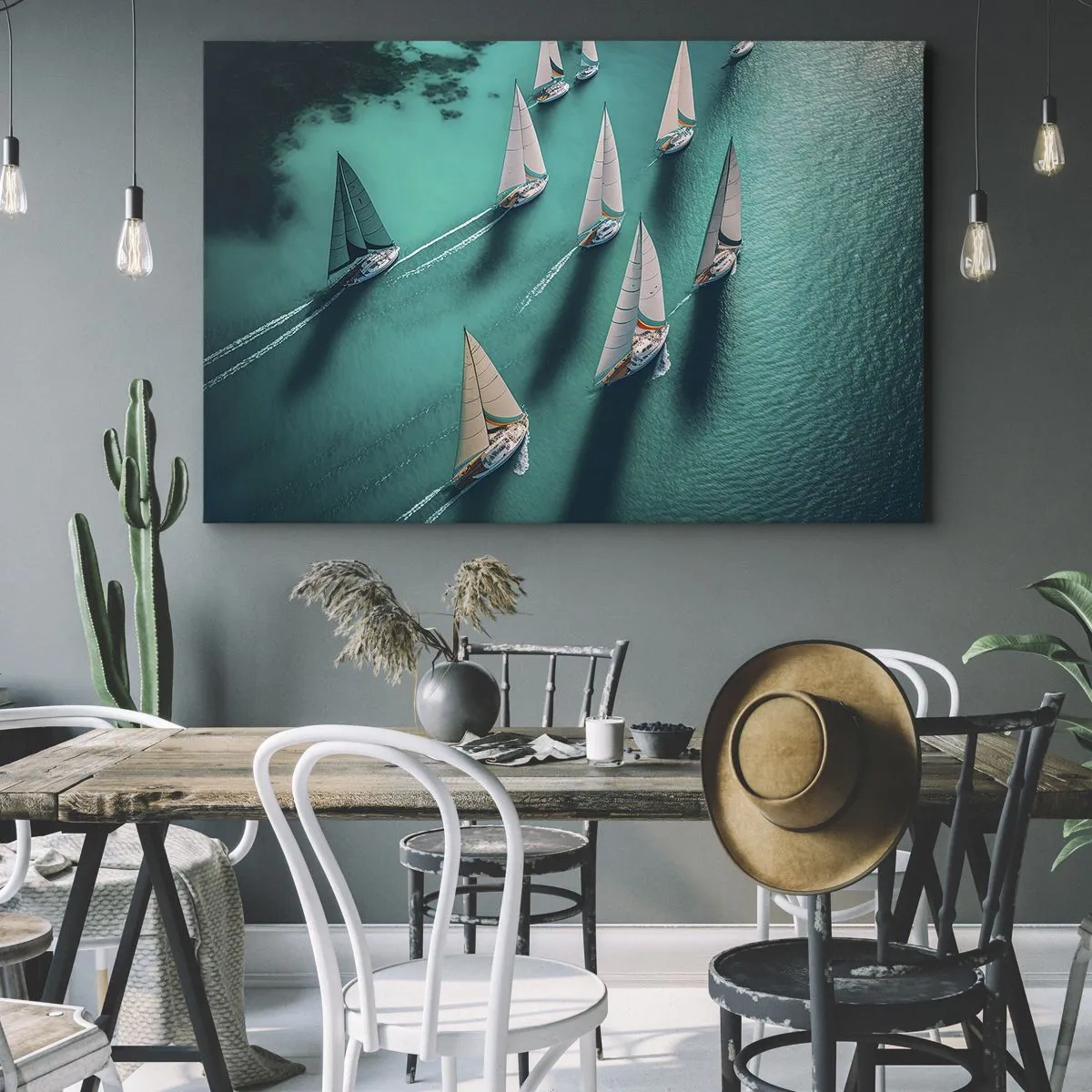 Lærredstryk - Billede på lærred - Yachter på turkisblåt vand i dynamisk bevægelse - 70x50cm - Konkurrerer med vinden - Moderne vægdekoration til stue og soveværelse ARTTOR