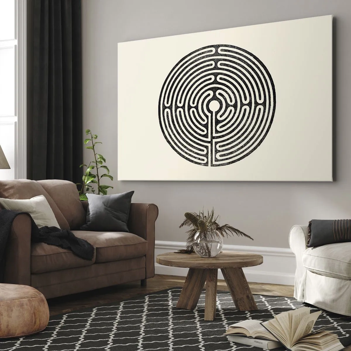 Lærredstryk - Billede på lærred - Sort og hvid cirkulær labyrint på en lys baggrund - 70x50cm - Mystisk orden - Moderne vægdekoration til stue og soveværelse ARTTOR