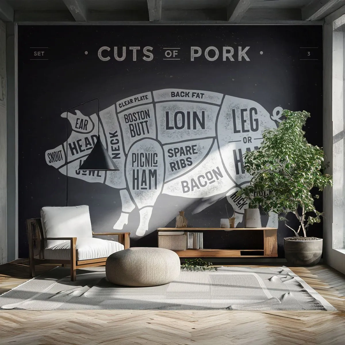 Fototapet Standard Eco - Slagterens grundbog - Gastronomi, Dyr Gris, Svinekød - 400x280 cm