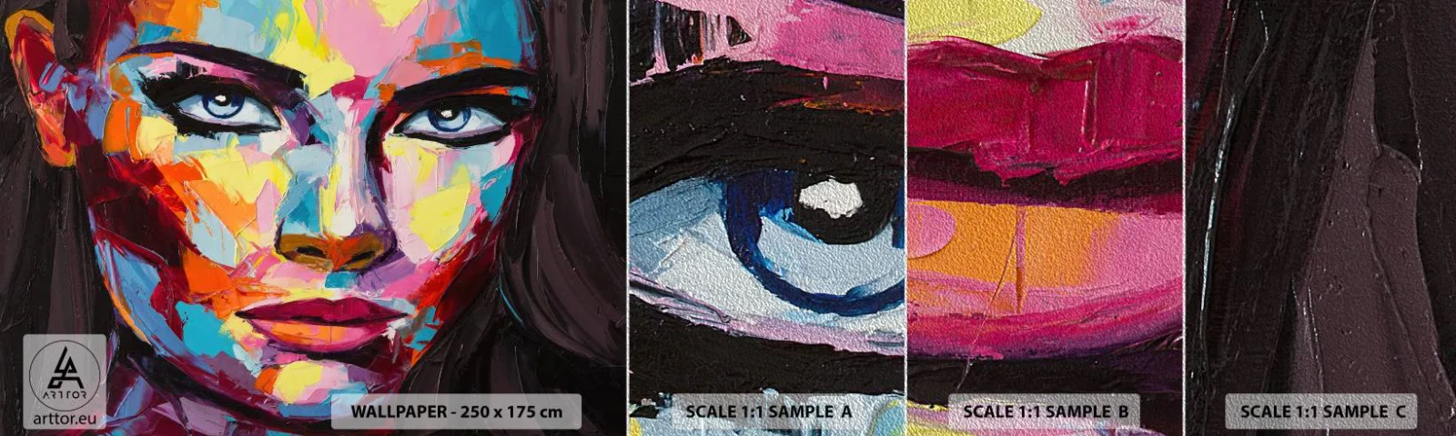 Prøve Fototapet Premium Sand - Også en farverig sjæl - Portræt af en kvinde, ansigt, Stykke - 100x30 cm