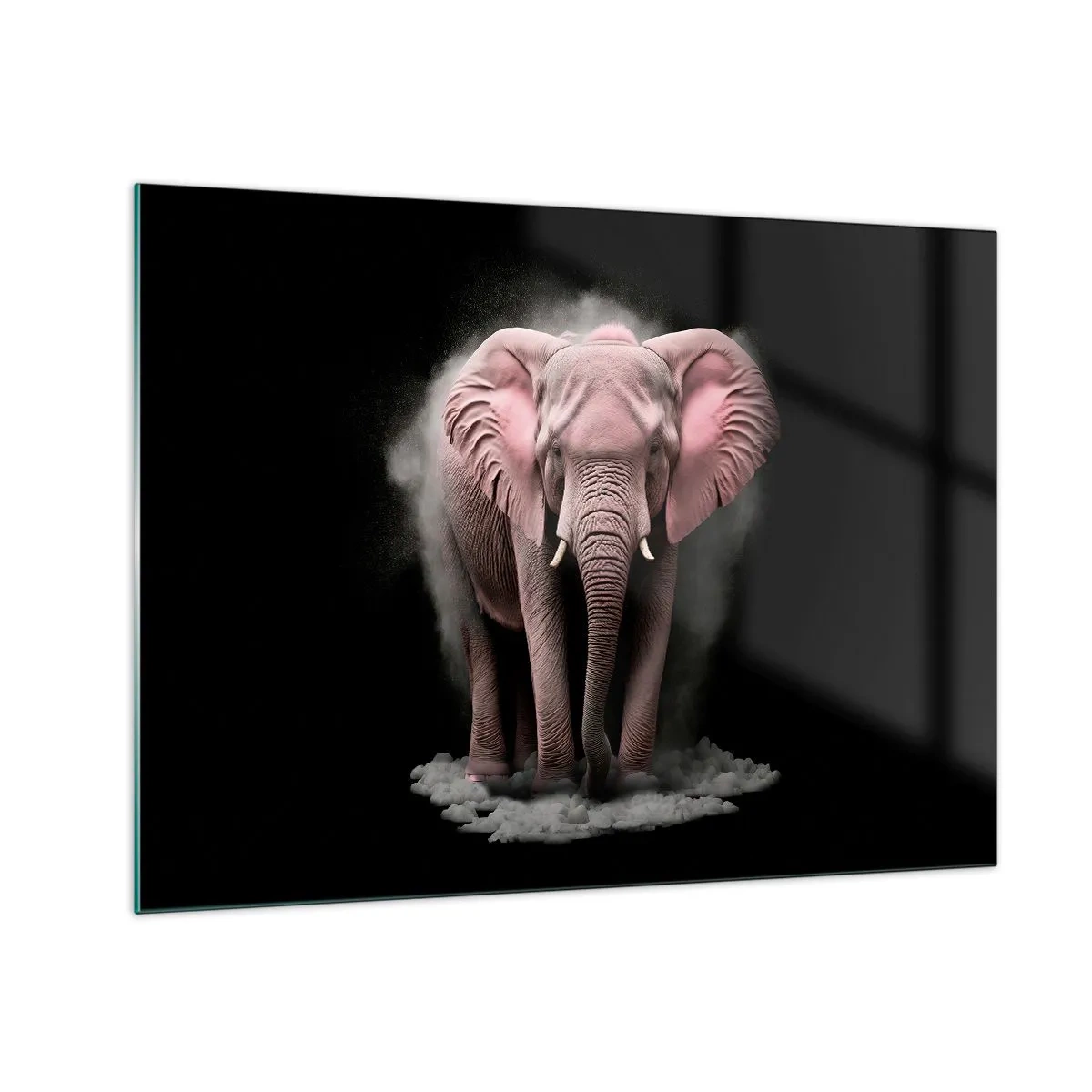 Billede på glas - En lyserød elefant på en sort baggrund omgivet af en støvsky. - 70x50cm - Tænk ikke på en lyserød elefant! - Moderne vægdekoration til stue og soveværelse ARTTOR