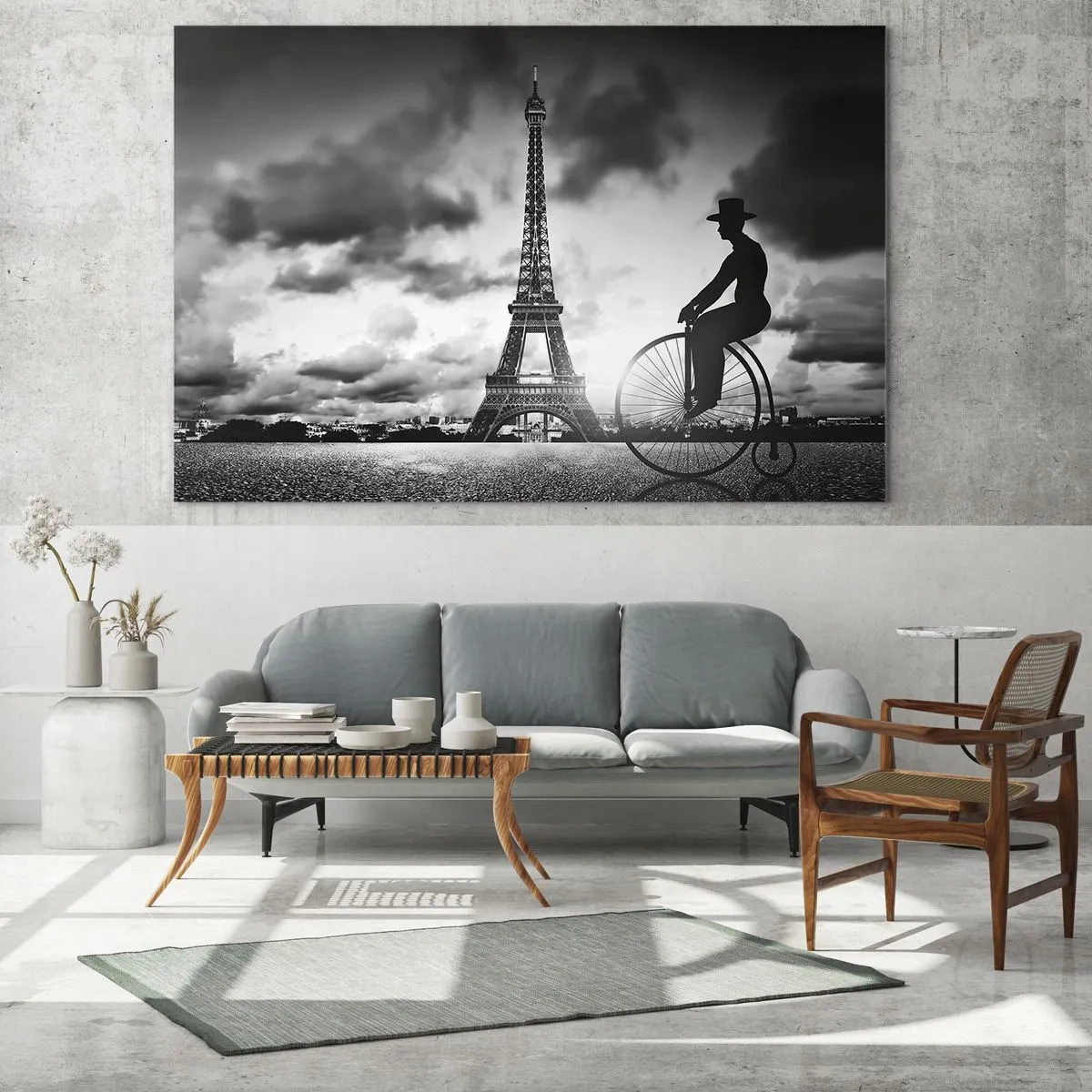 Billede på glas - Eiffeltårnet med retro cykel i sort og hvid - 70x50cm - Længsel efter Belle Epoque - Moderne vægdekoration til stue og soveværelse ARTTOR