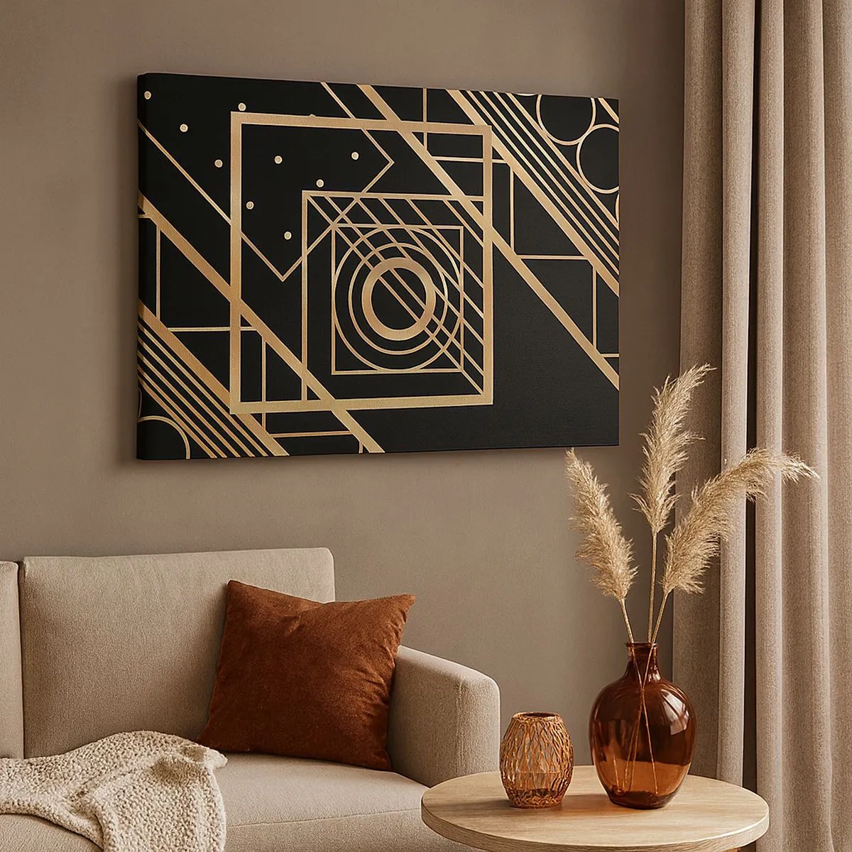 Lærredstryk - Billede på lærred - Gyldne geometriske mønstre på en sort baggrund - 70x50cm - Gylden geometri - Moderne vægdekoration til stue og soveværelse ARTTOR