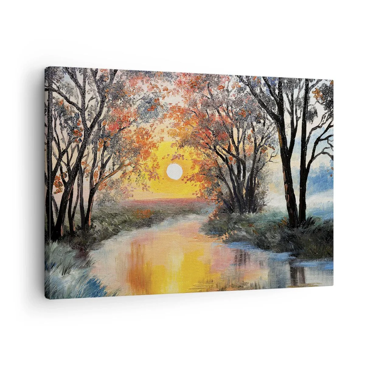 Lærredstryk - Billede på lærred - Solnedgang over floden i et efterårslandskab - 70x50cm - Efterårs atmosfære - Moderne vægdekoration til stue og soveværelse ARTTOR