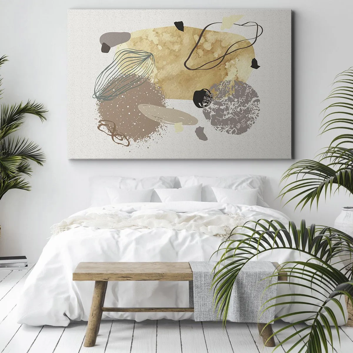 Lærredstryk - Billede på lærred - En komposition af abstrakte former i beige og gul. - 70x50cm - Anvendt plumkologi - Moderne vægdekoration til stue og soveværelse ARTTOR