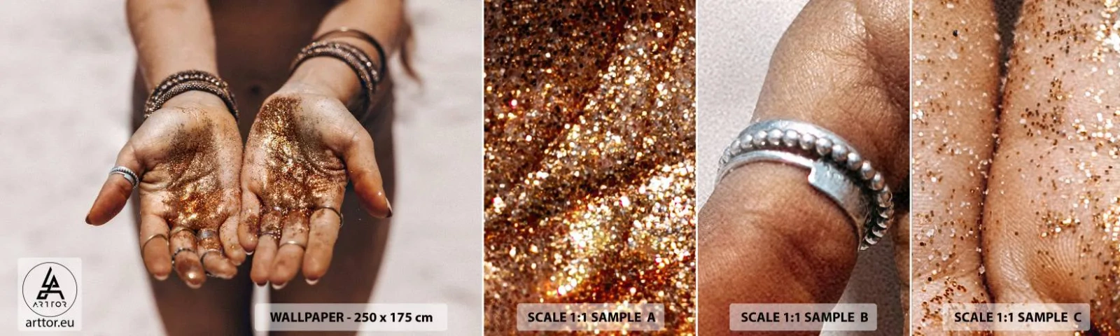 Fototapet Prøve Standard Eco - En gave til dig - Kvinders hænder, Boho, Guld - 100x30 cm