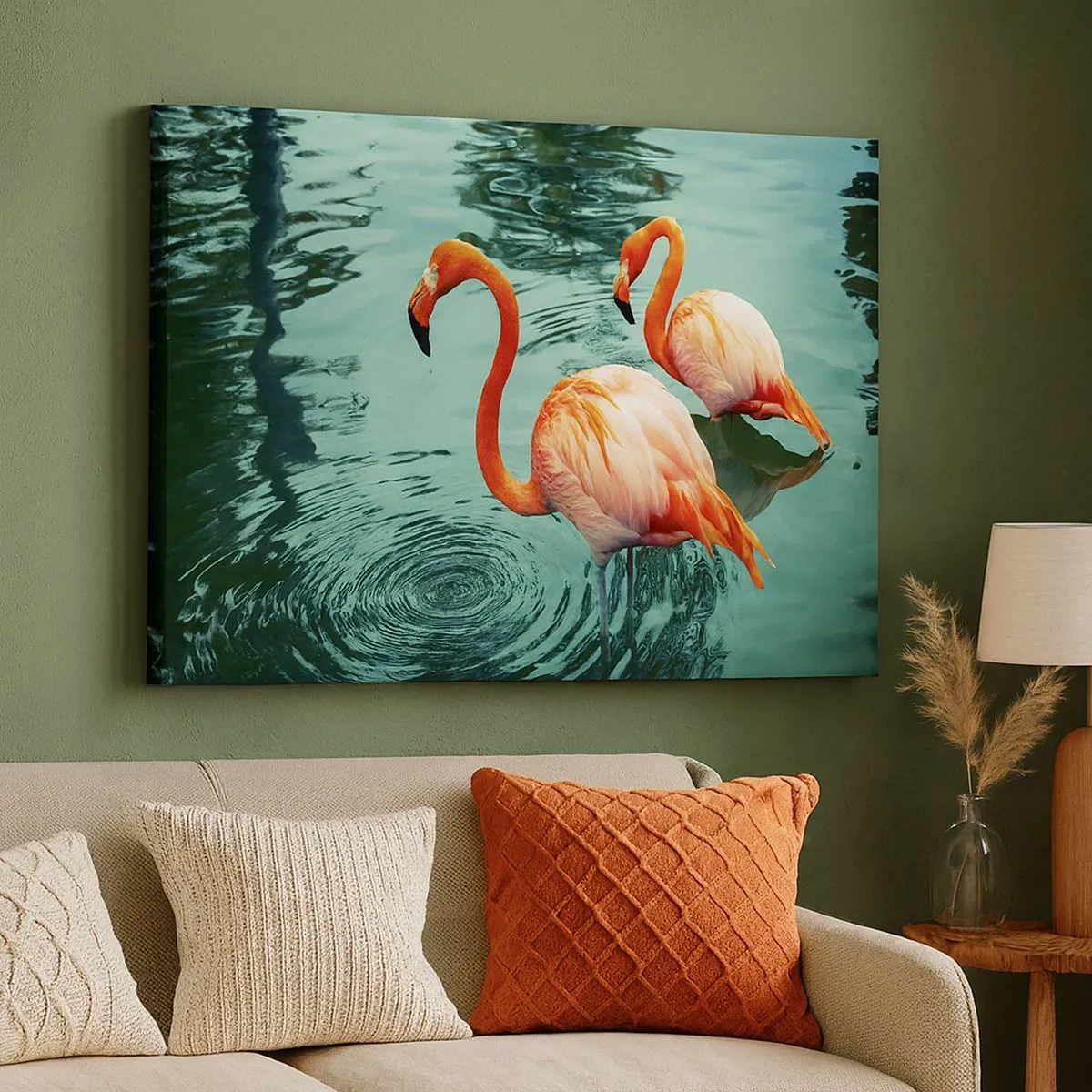 Lærredstryk - Billede på lærred - To flamingoer i det rolige vand, der afspejler deres omgivelser - 70x50cm - Vi er nu på mode - Moderne vægdekoration til stue og soveværelse ARTTOR