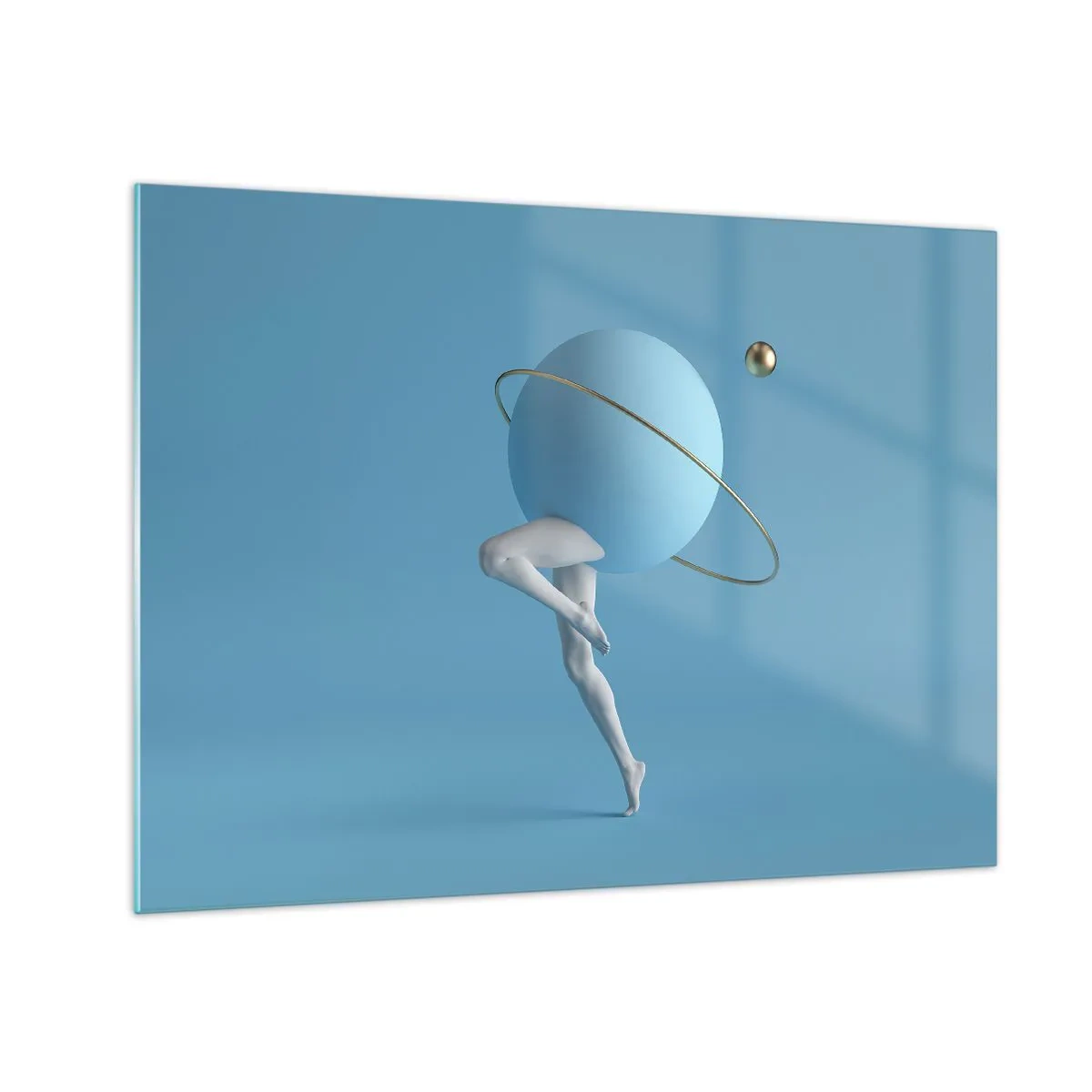 Billede på glas - En minimalistisk komposition af en planet med menneskeben på blåt. - 70x50cm - Og planeterne går amok - Moderne vægdekoration til stue og soveværelse ARTTOR