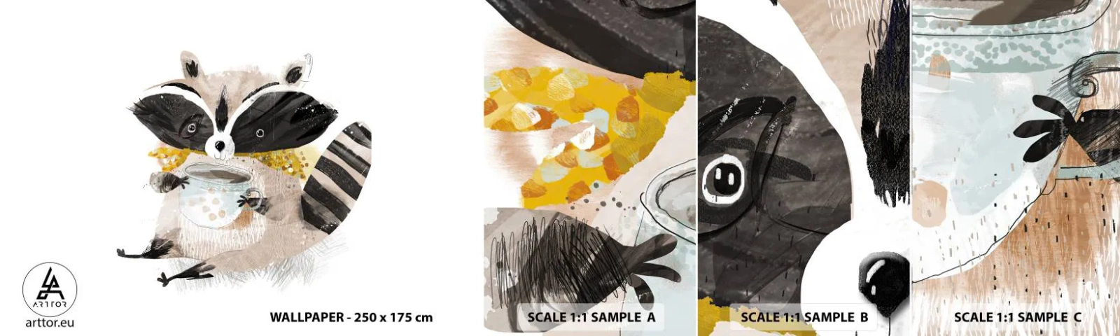 Prøve Fototapet Selvklæbende Deluxe Sticker - Min ven vaskebjørnen - For børn, Vaskebjørn, Grafik - 100x30 cm