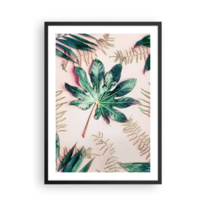 Plakat i sort ramme - Blade i forskellige grønne nuancer på en lyserød baggrund - 50x70cm - En undersøgelse af grønt på en lyserød baggrund - Moderne vægdekoration til stue og soveværelse ARTTOR
