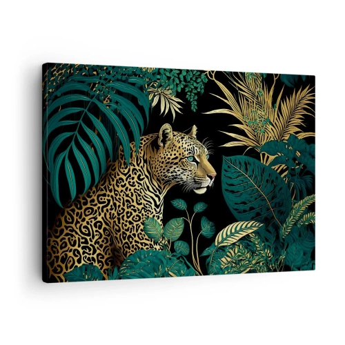 Lærredstryk - Billede på lærred - Leopard i tropiske blade på en sort baggrund - 70x50cm - Værten i junglen - Moderne vægdekoration til stue og soveværelse ARTTOR