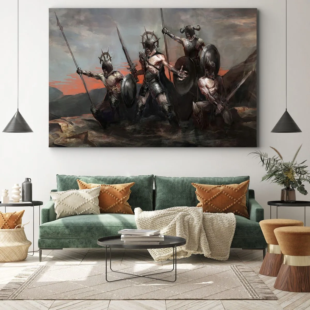 Lærredstryk - Billede på lærred - En gruppe krigere i rustning med spyd mod solnedgangens baggrund - 70x50cm - Med et skjold eller på et skjold - Moderne vægdekoration til stue og soveværelse ARTTOR