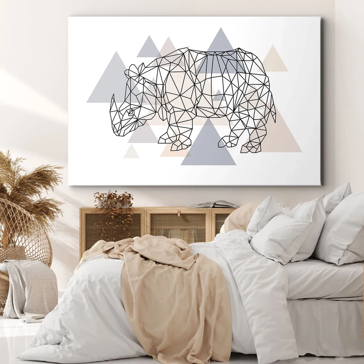 Lærredstryk - Billede på lærred - Geometrisk næsehorn på en baggrund af fine trekanter - 70x50cm - Kraftstruktur - Moderne vægdekoration til stue og soveværelse ARTTOR