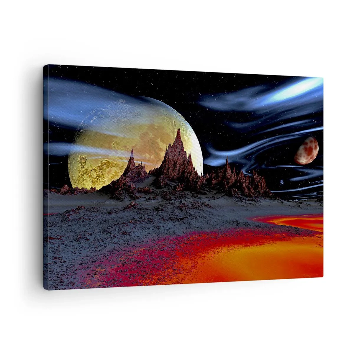 Lærredstryk - Billede på lærred - Et fantastisk landskab med planeter og vulkansk landskab - 70x50cm - En ukendt verden - Moderne vægdekoration til stue og soveværelse ARTTOR