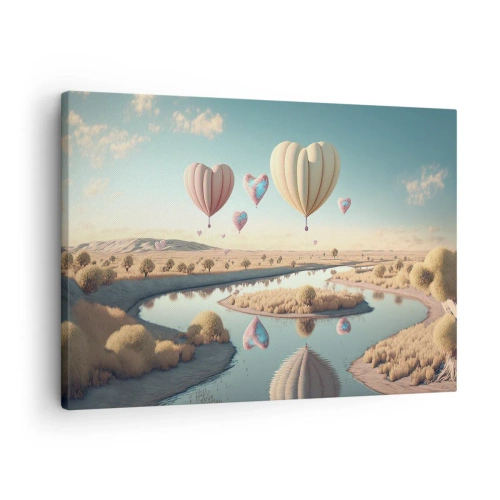 Lærredstryk - Billede på lærred - Hjerteformede balloner svæver over landskabet - 70x50cm - Kærlighed lader dig svæve - Moderne vægdekoration til stue og soveværelse ARTTOR