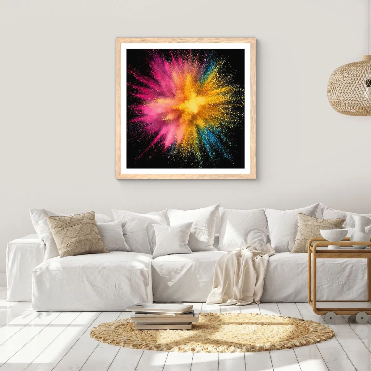 Plakat i ramme af lyst egetræ - Farvernes fødsel  - 40x40 cm
