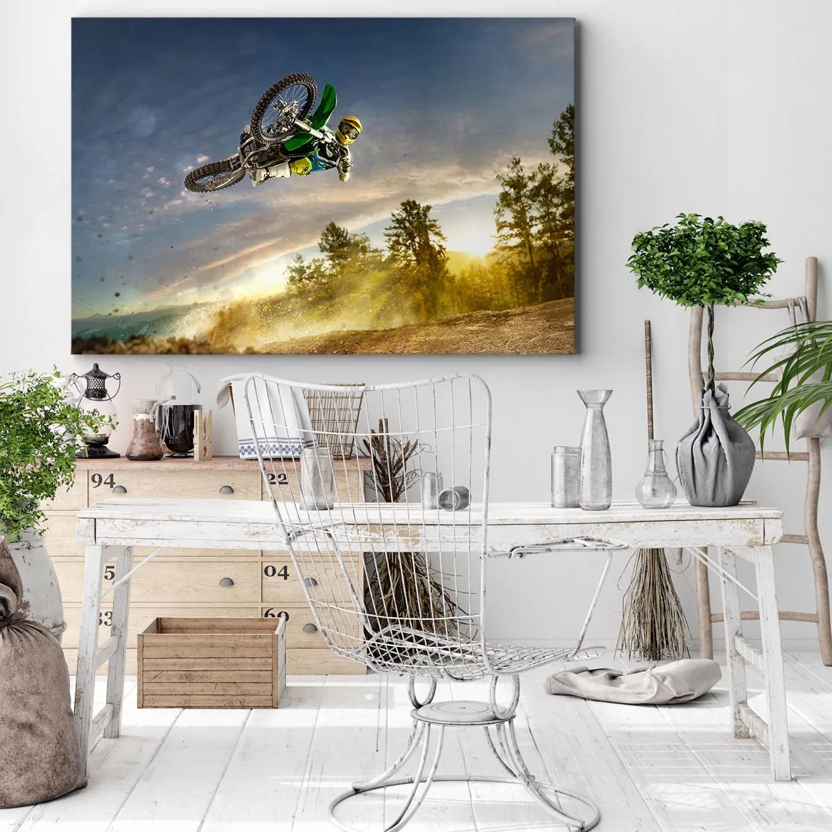 Lærredstryk - Billede på lærred - Motorcyklist i et dynamisk spring - 70x50cm - Tænd for dine følelser! - Moderne vægdekoration til stue og soveværelse ARTTOR