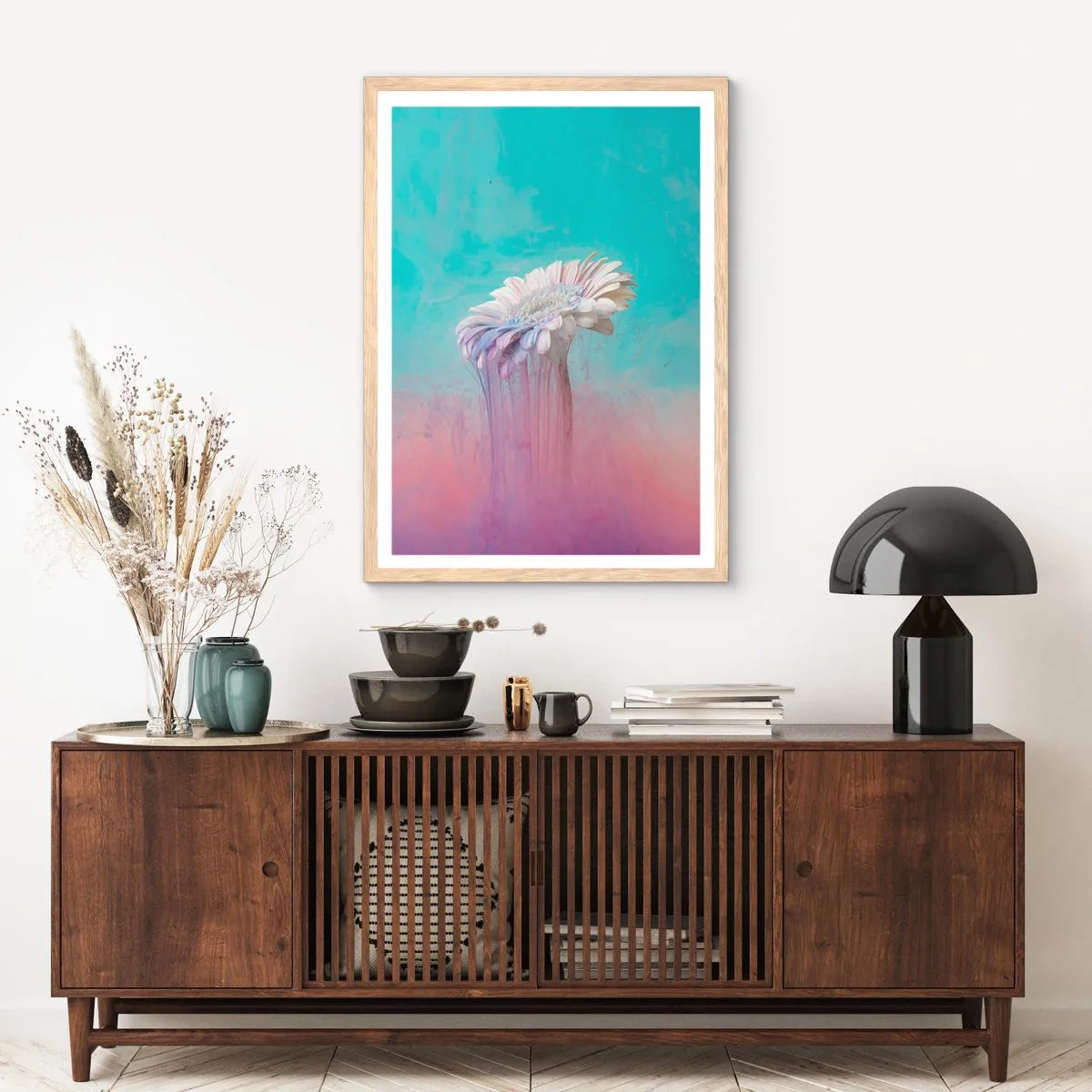 Plakat i ramme af lyst egetræ - Blomster efter døden - 61x91 cm