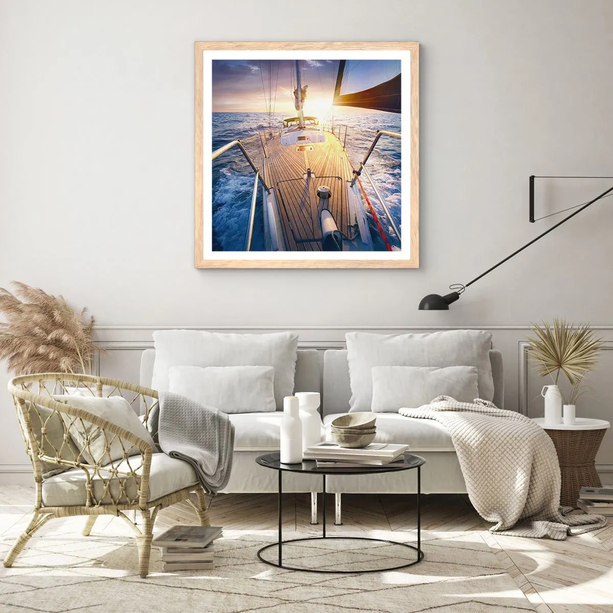 Plakat i ramme af lyst egetræ - Løber på bølgerne - 60x60 cm