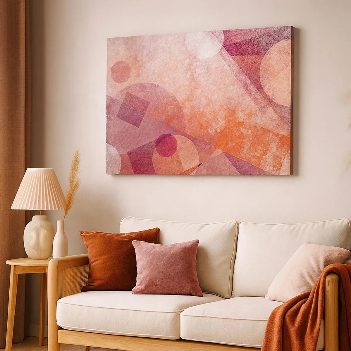 Lærredstryk - Billede på lærred - Abstrakte geometriske former i pastelfarvede lyserøde nuancer - 70x50cm - Geometriske transformationer i pink - Moderne vægdekoration til stue og soveværelse ARTTOR