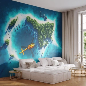 Fototapet Standard Eco - Fiskeformet tropisk ø med helikopter og yacht - 100x70cm - Køb en ø - Moderne vægdekoration til stue og soveværelse ARTTOR