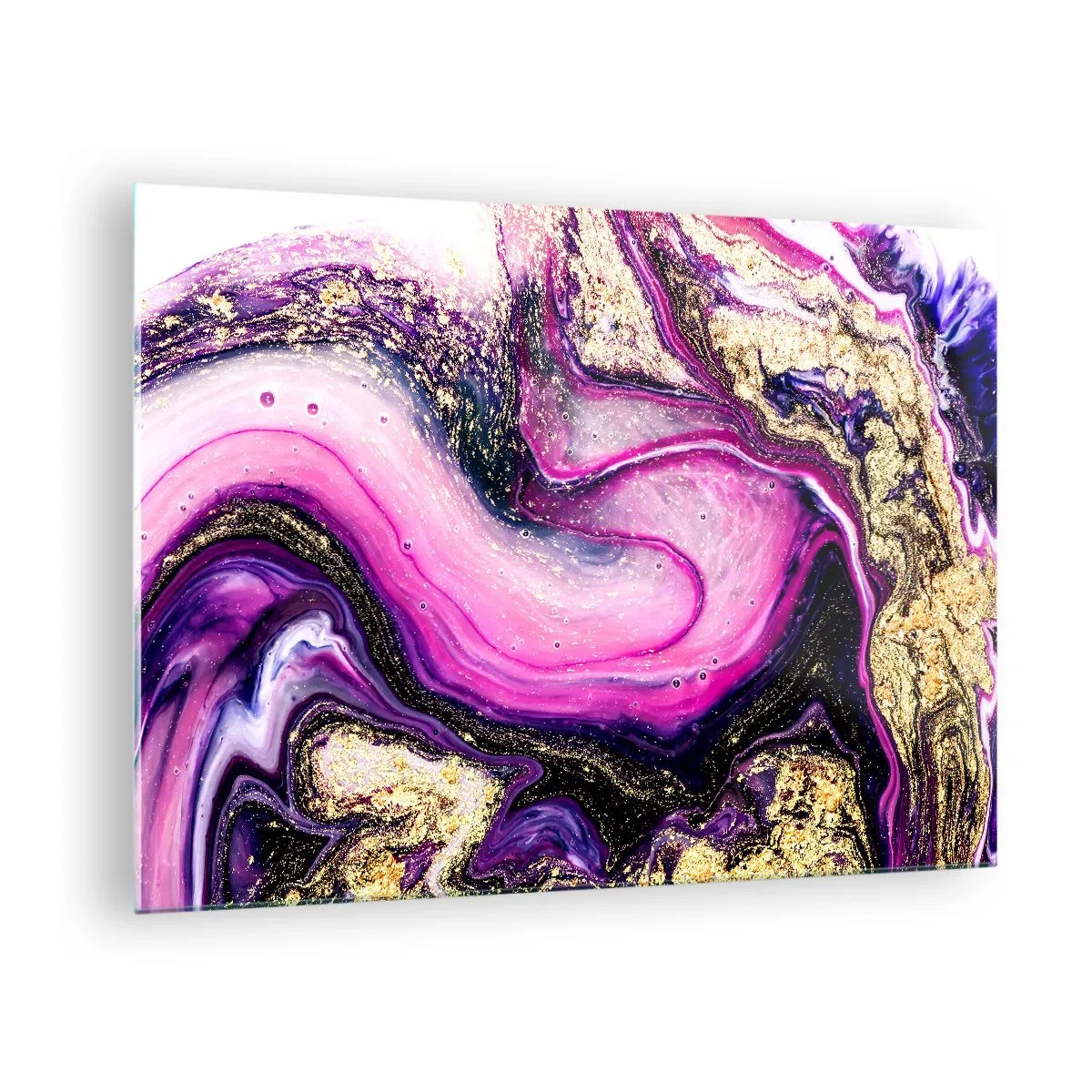 Billede på glas - En abstrakt komposition i nuancer af lilla og guld. - 70x50cm - Et øjeblik bag kulisserne - Moderne vægdekoration til stue og soveværelse ARTTOR