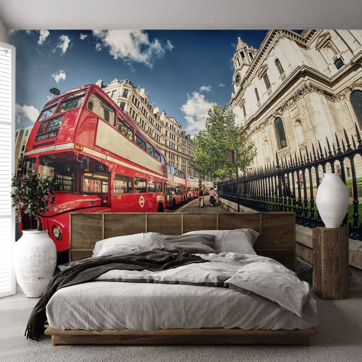 Fototapet Premium Sand - Gade i London i grå og rødt - By, London, Rød bus - 100x70 cm