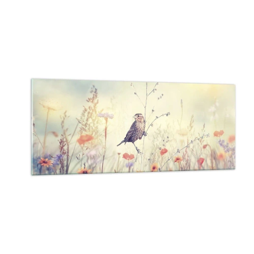 Billede på glas - Fugleportræt med en eng i baggrunden - 100x40 cm