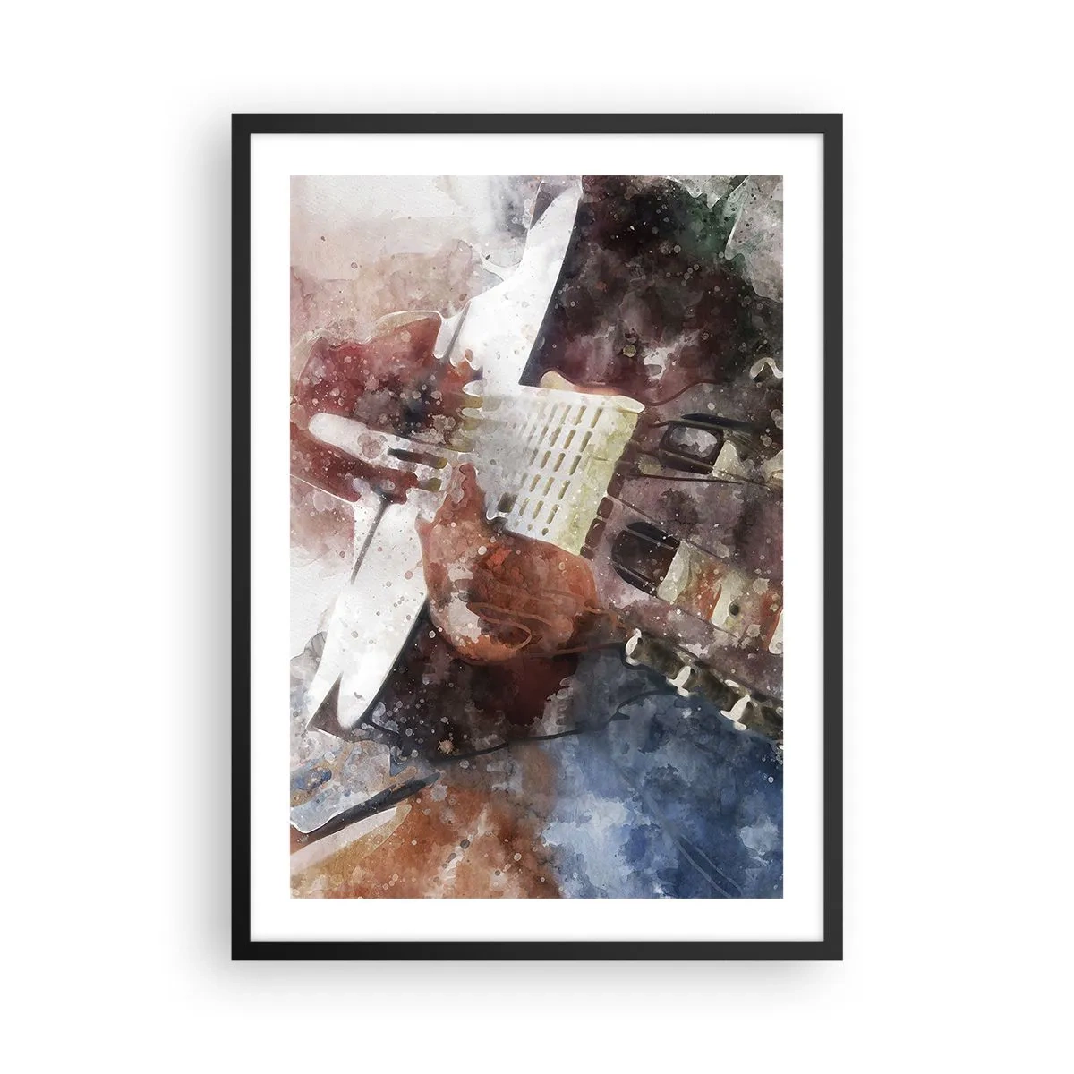 Plakat i sort ramme - Kunstnerisk skildring af en guitar i akvarelstil - 50x70cm - Og hvad synes du? - Moderne vægdekoration til stue og soveværelse ARTTOR