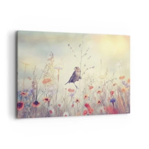Lærredstryk - Billede på lærred - Fugleportræt med en eng i baggrunden - 120x80 cm