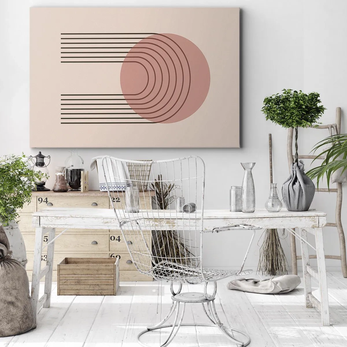 Lærredstryk - Billede på lærred - Abstrakt motiv med lyserød cirkel og linjer - 70x50cm - Uimodståelig tiltrækningskraft - Moderne vægdekoration til stue og soveværelse ARTTOR