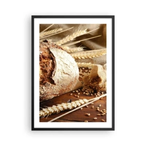 Plakat i sort ramme - Brød på et træbord med hvedeaks - 50x70cm - Appetitlig, velduftende, sprød - Moderne vægdekoration til stue og soveværelse ARTTOR