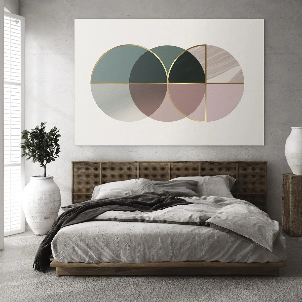 Billede på glas - Geometriske former med nuancer af grønt og lyserødt på en lys baggrund - 70x50cm - Hjul for hjul… - Moderne vægdekoration til stue og soveværelse ARTTOR