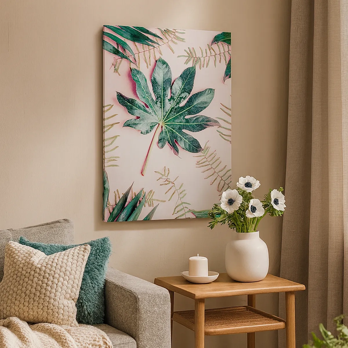 Lærredstryk - Billede på lærred - En undersøgelse af grønt på en lyserød baggrund - 50x70 cm