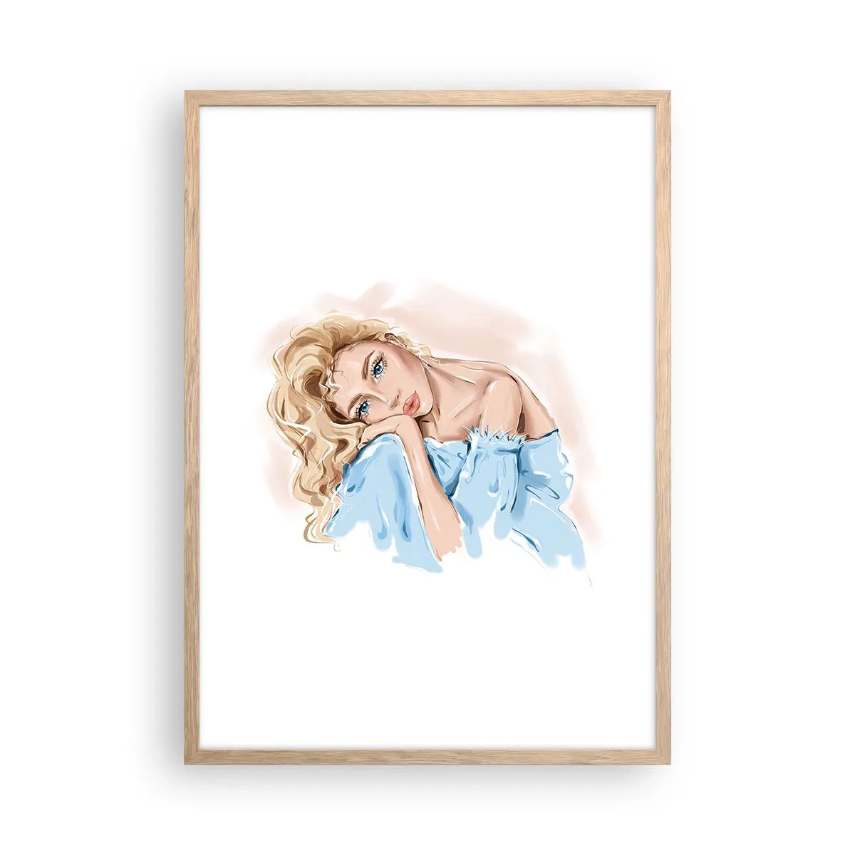 Plakat i ramme af lyst egetræ - Drømmende i blåt - 50x70 cm