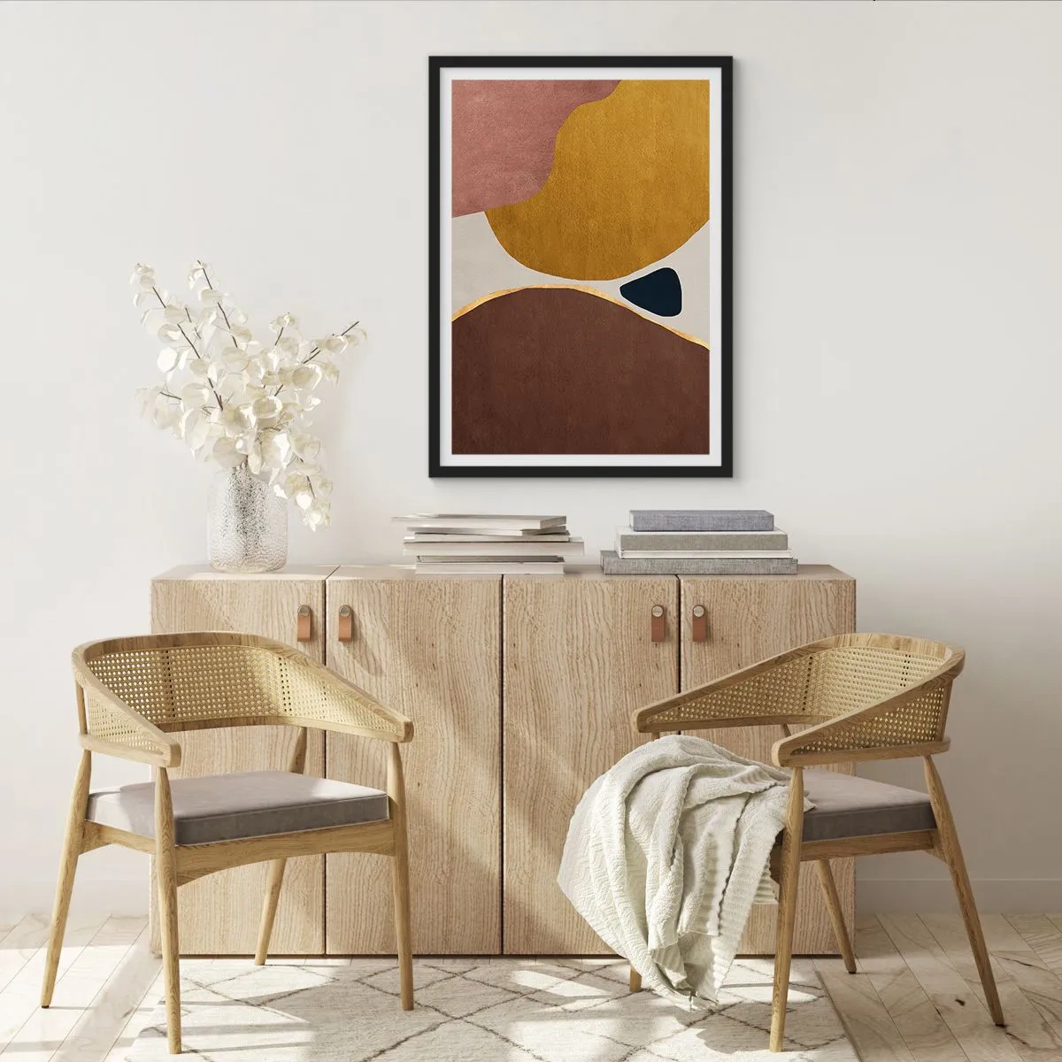 Plakat i sort ramme - Abstrakt geometrisk komposition i varme farver - 50x70cm - Abstraktion - et sted i rummet - Moderne vægdekoration til stue og soveværelse ARTTOR
