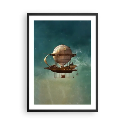 Plakat i sort ramme - Et fantastisk luftskib, der svæver blandt stjernerne - 50x70cm - Jules Verne hilser - Moderne vægdekoration til stue og soveværelse ARTTOR