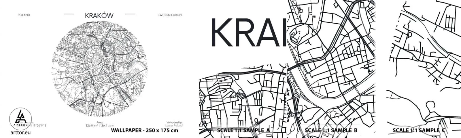 Fototapet Prøve Standard Eco - Krakows anatomi - Kort, Krakow, Polen - 100x30 cm
