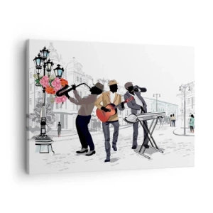 Lærredstryk - Billede på lærred - Gademusikanter spiller mod baggrunden af et bylandskab - 70x50cm - Gademusik - Moderne vægdekoration til stue og soveværelse ARTTOR