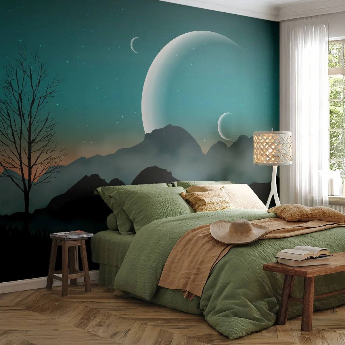 Fototapet Premium Sand - Karneval i den stjerneklare nat - Abstraktion, Landskab, Bjerge - 350x256 cm