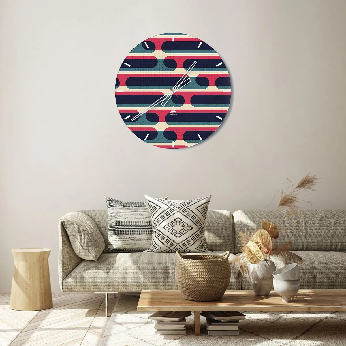 Vægur, Uret - Abstrakt retro mønster med farverige striber - 30x30cm - Indad og fremad - Moderne vægdekoration til stue, køkken og soveværelse ARTTOR