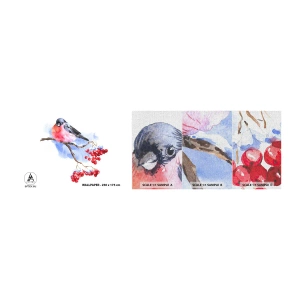 Prøve Fototapet Premium Canvas - Vinter i farver - Fugl På En Gren, Rød røn, Grafik - 100x30 cm