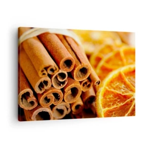 Lærredstryk - Billede på lærred - Kanelstænger med tørrede appelsinskiver i varme farver - 70x50cm - Kan du lugte deres duft? - Moderne vægdekoration til stue og soveværelse ARTTOR