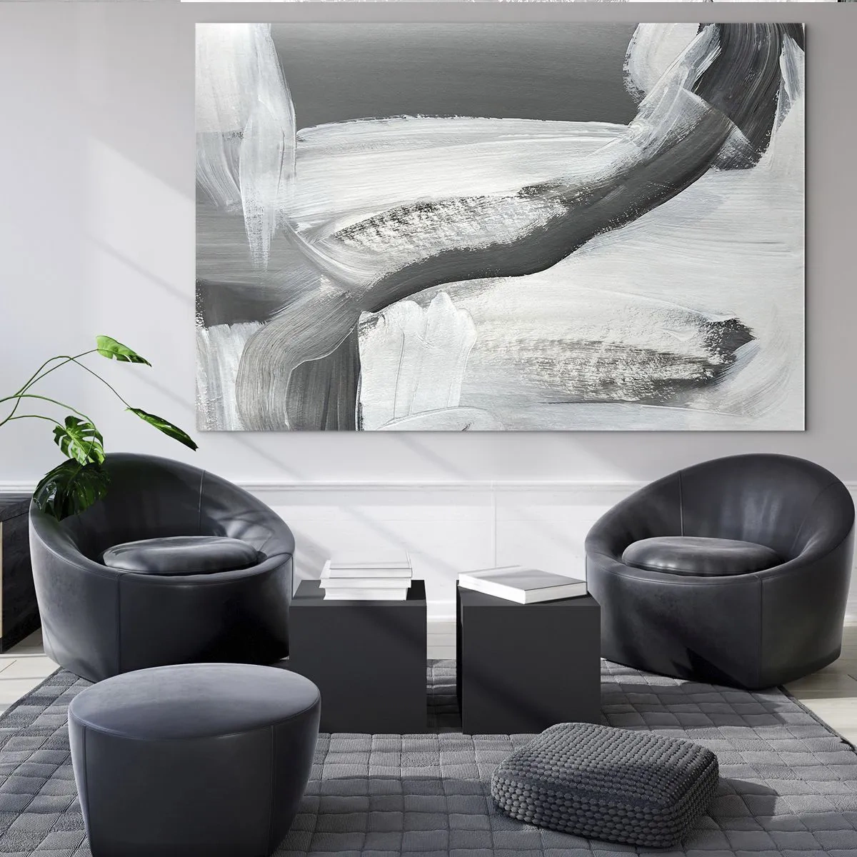 Billede på glas - Sort-hvid abstraktion med dynamiske penselstrøg. - 70x50cm - Med beslutsom bevægelse - Moderne vægdekoration til stue og soveværelse ARTTOR