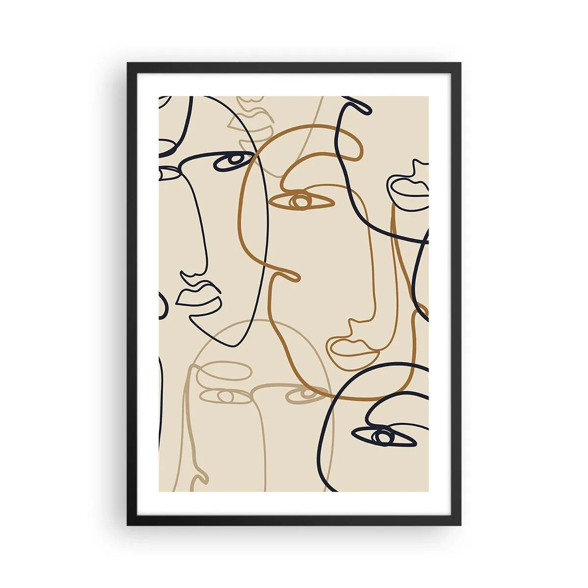 Plakat i sort ramme - Minimalistiske tegninger af ansigter på en beige baggrund - 50x70cm - Portræt ganget med hinanden - Moderne vægdekoration til stue og soveværelse ARTTOR