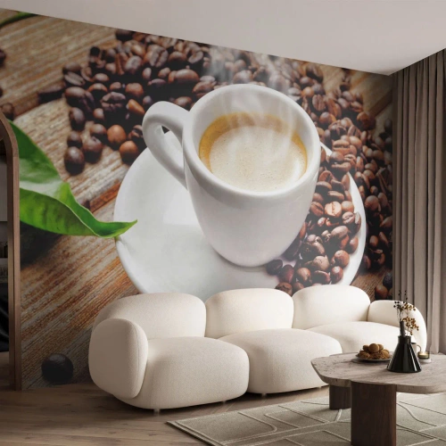 Fototapet Premium Sand - Kaffe på bænken - Gastronomi, Kaffe, Kop - 500x350 cm