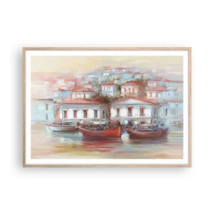 Plakat i ramme af lyst egetræ - Lykkelig by - 100x70 cm