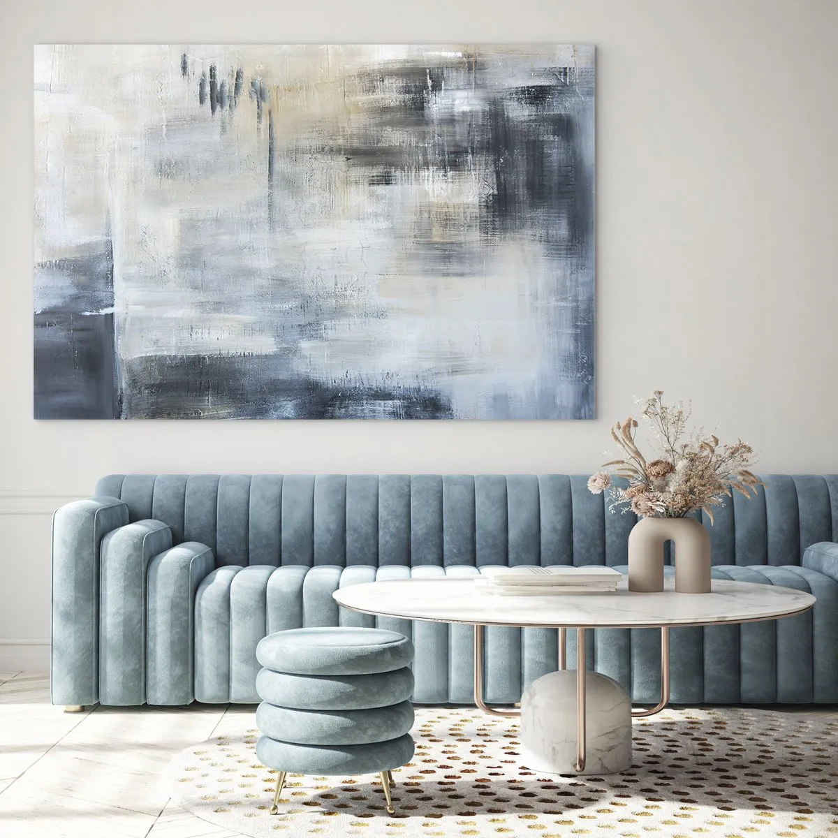 Billede på glas - Abstrakt komposition i nuancer af blå og grå - 70x50cm - Bag et slør af blåt - Moderne vægdekoration til stue og soveværelse ARTTOR