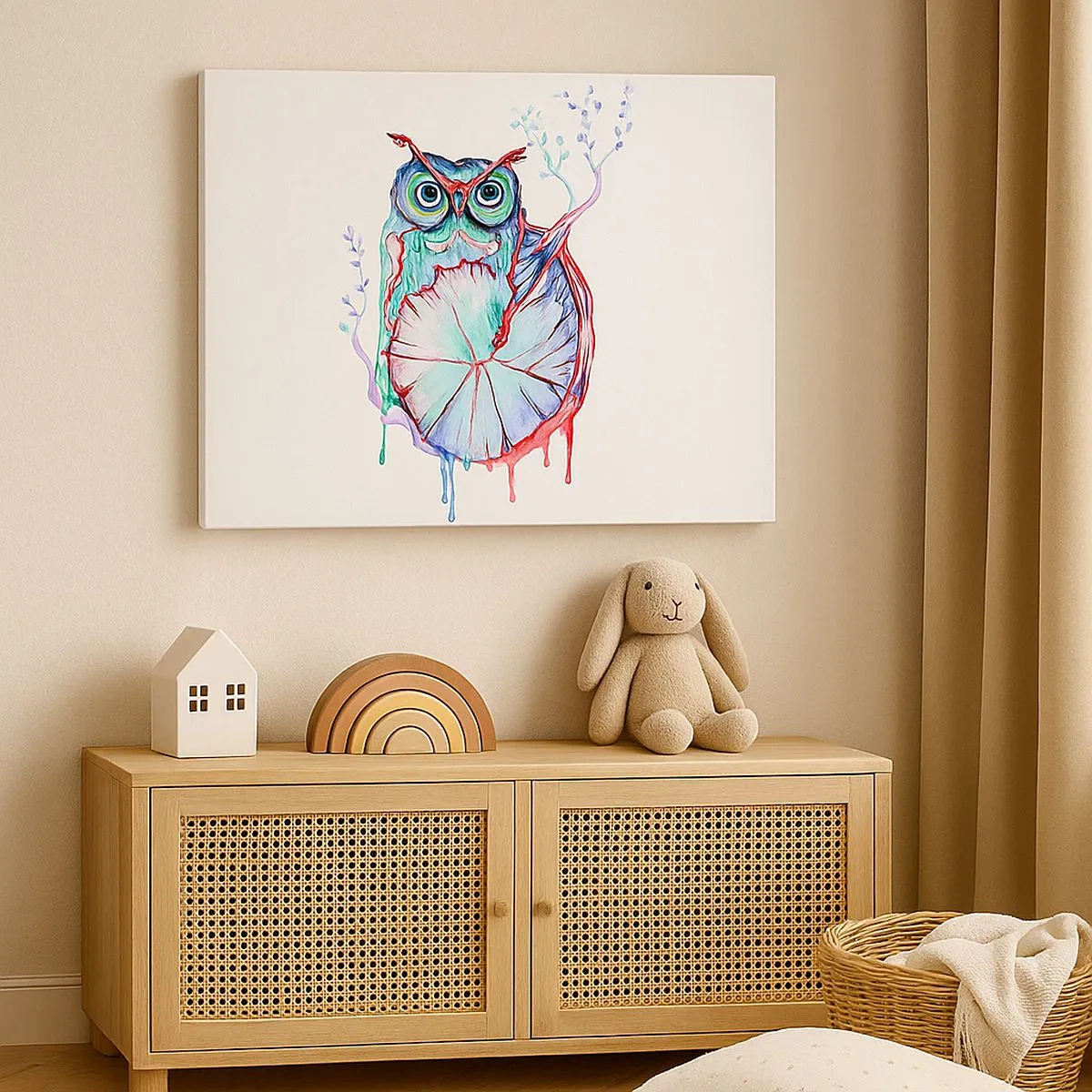 Lærredstryk - Billede på lærred - Farverig akvarel ugle i en kunstnerisk stil - 70x50cm - Klog af natur - Moderne vægdekoration til stue og soveværelse ARTTOR